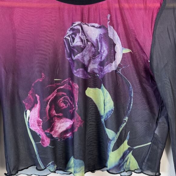 Delias Rose Mesh Crop Top Women's Size XL Black Purple Long Sleeve Y2K Rave - Picture 2 of 5